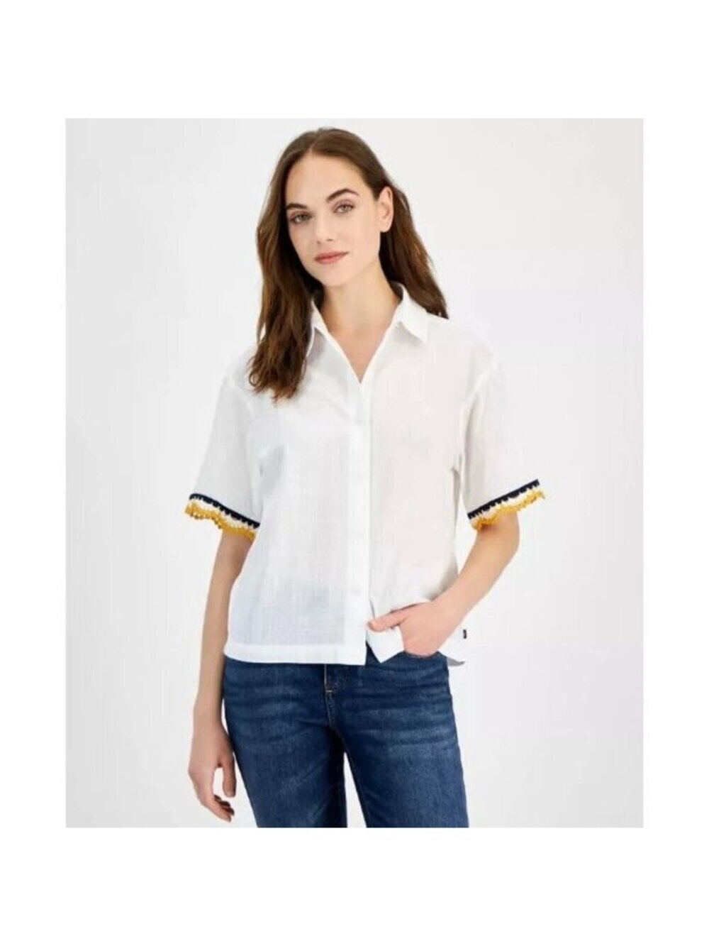Nautica Jeans Womens Short Sleeve Crochet Trim Cotton Shirt White Size L NWT